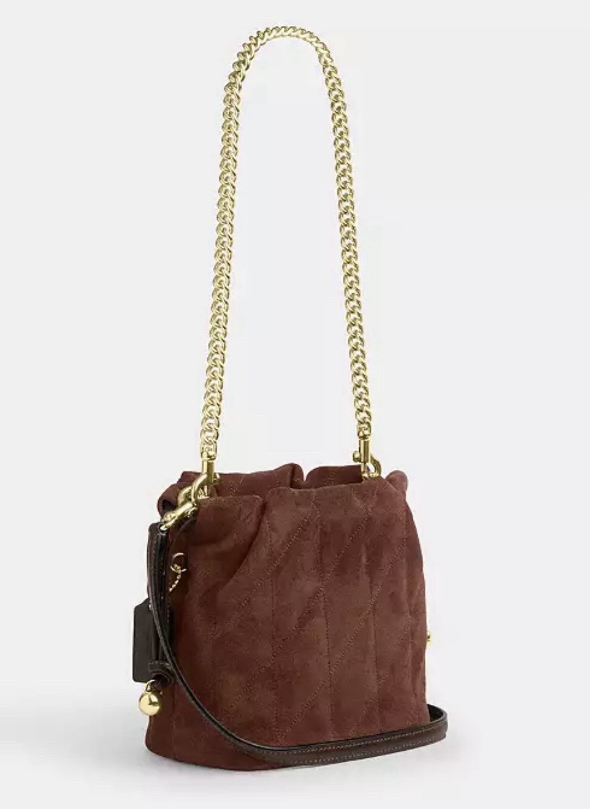 🤎 NWT COACH Faye Mini Drawstring Bag With Quilting Suede & Leather CDC42 Brown
