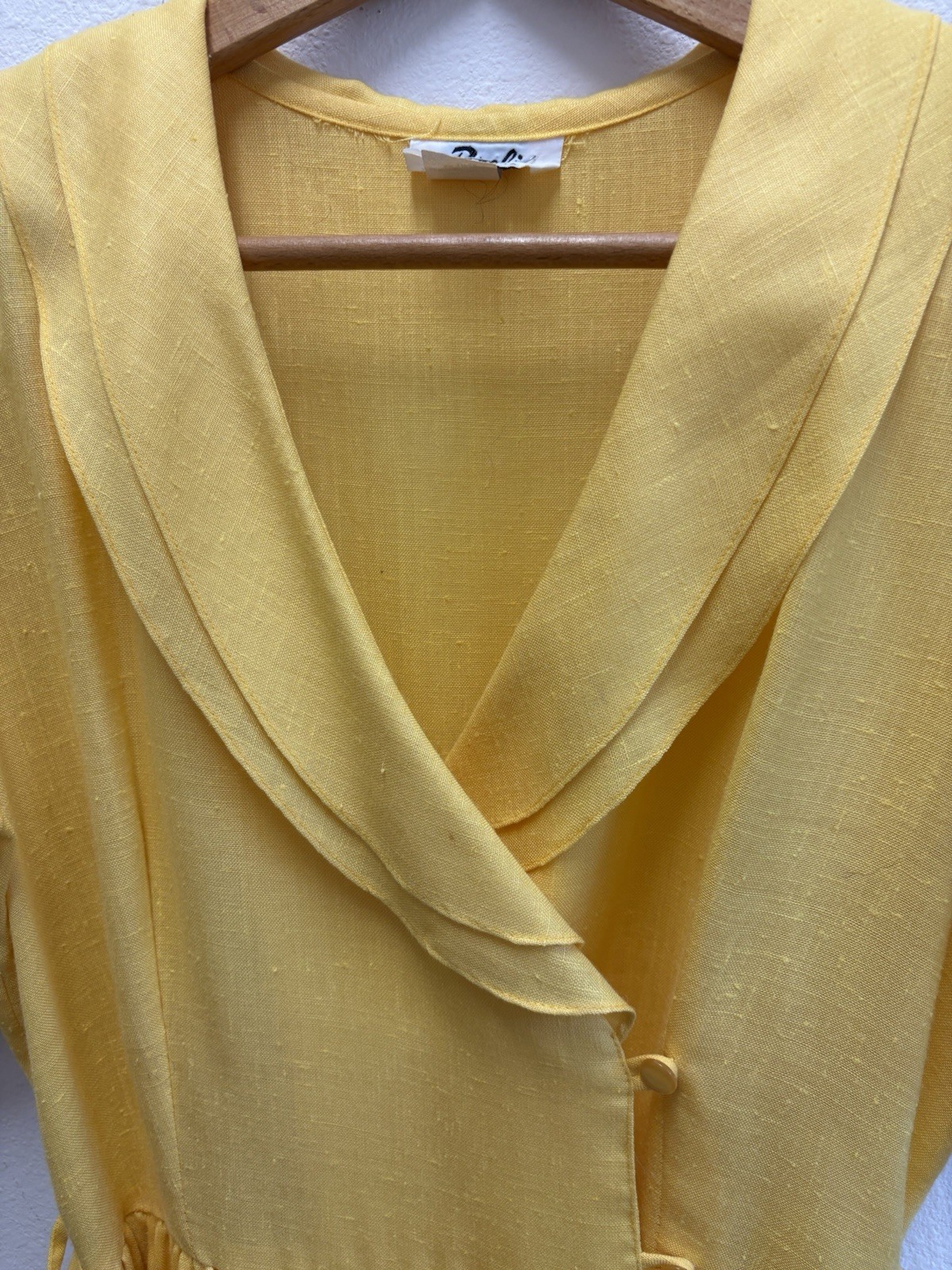 Breli Yellow Linen V-Neck Button Front Belted Puff Sleeve A-Line Dress S