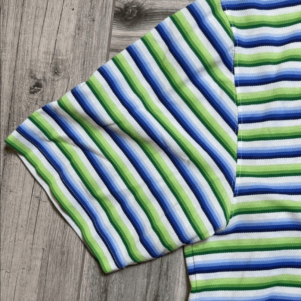 Tommy Hilfiger Striped Polo in Lime Green, Blue & White with Navy Collar