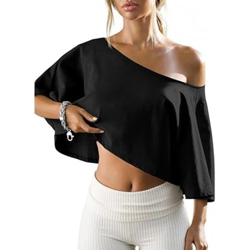 Womens Off The Shoulder Cropped Tops Batwing Short Sleeve Workout Shirts