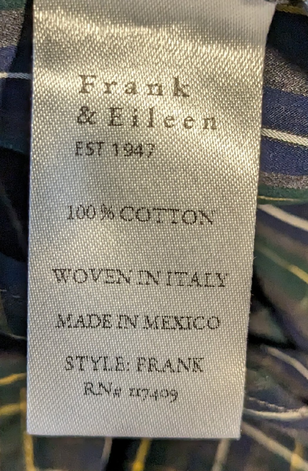 Frank & Eileen Frank Classic Button-Up Shirt Gray Blue Green Plaid Size Small