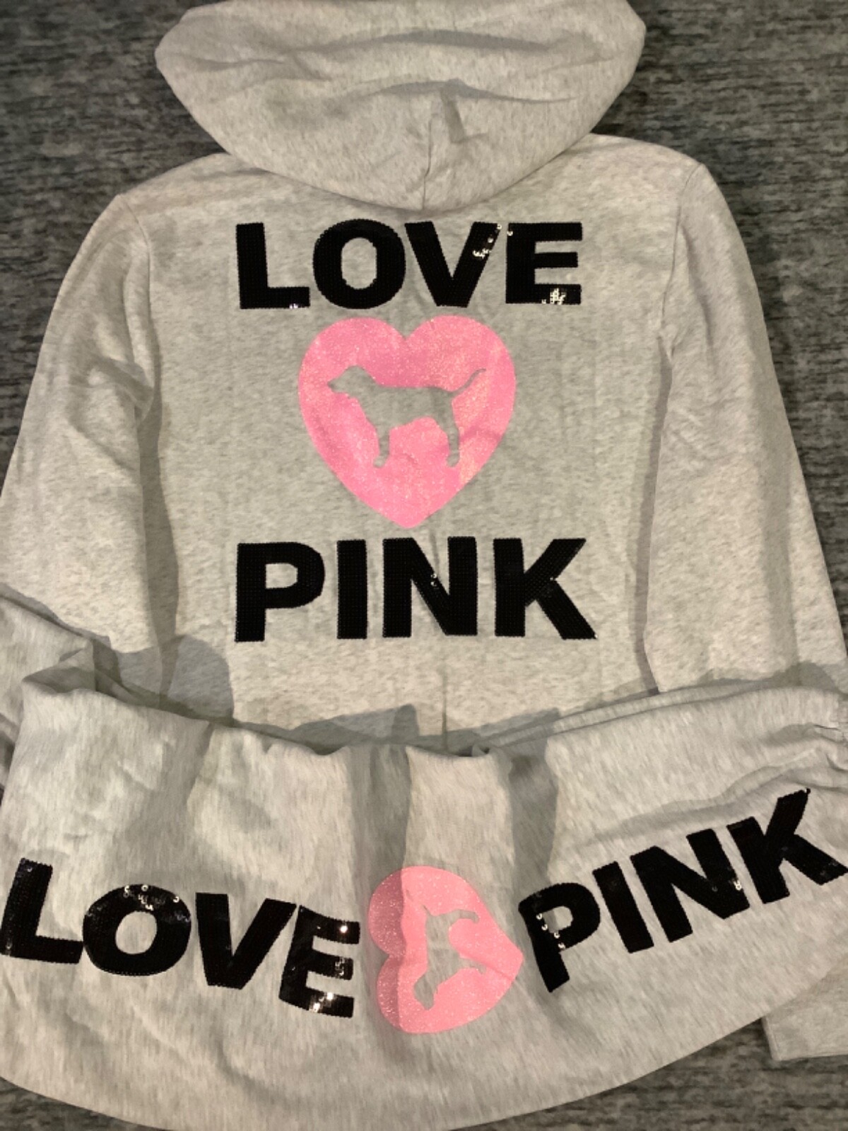 Victoria’s Secret Pink Bling FZ Hoodie + Campus Pants Set Heather Gray Dog L XL