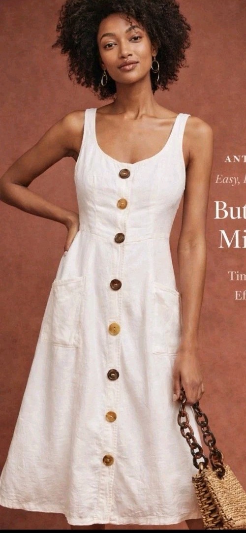 Anthropologie Cream button Front Midi Dress Linen Blend 10 Beachy Cortage Preppy