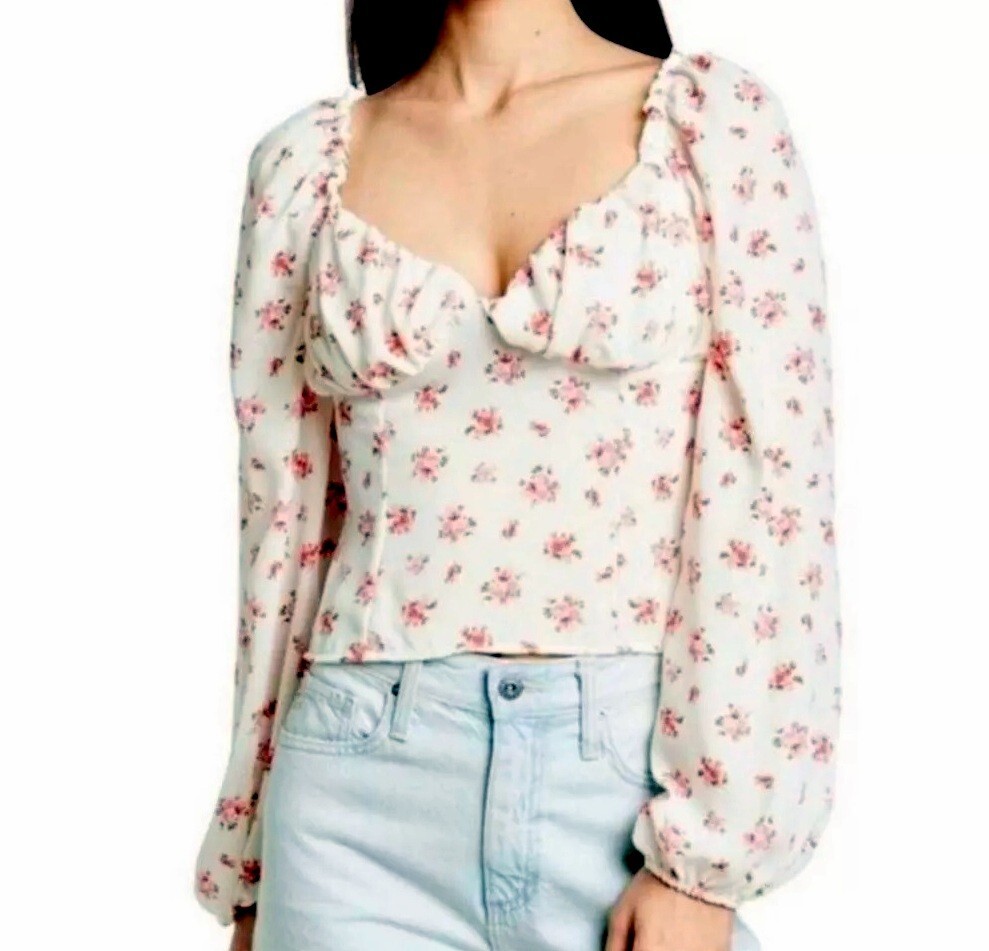 Abound Women’s Bustier Style Long Sleeve Top White Ditsy Floral, XXS XS S M L XL