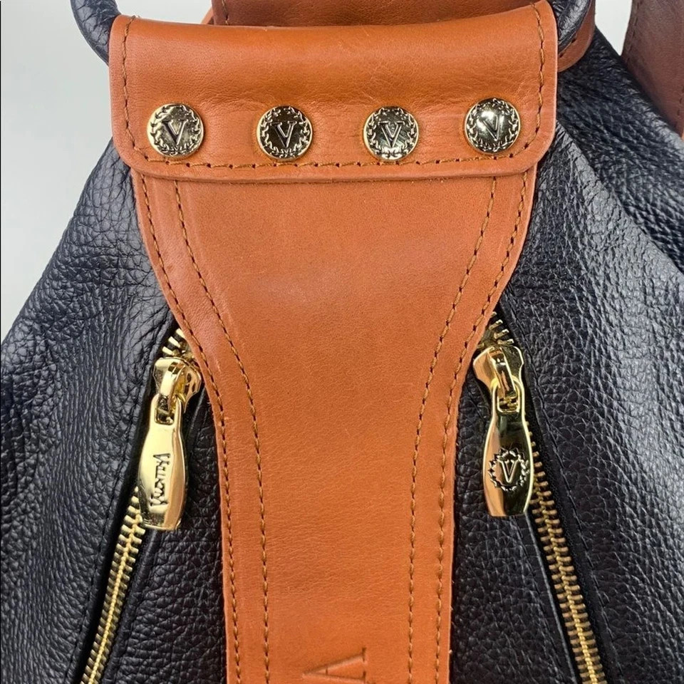 Valentina Italy Two-Tone Leather Backpack bag Brown Black Gold Zippers accents
