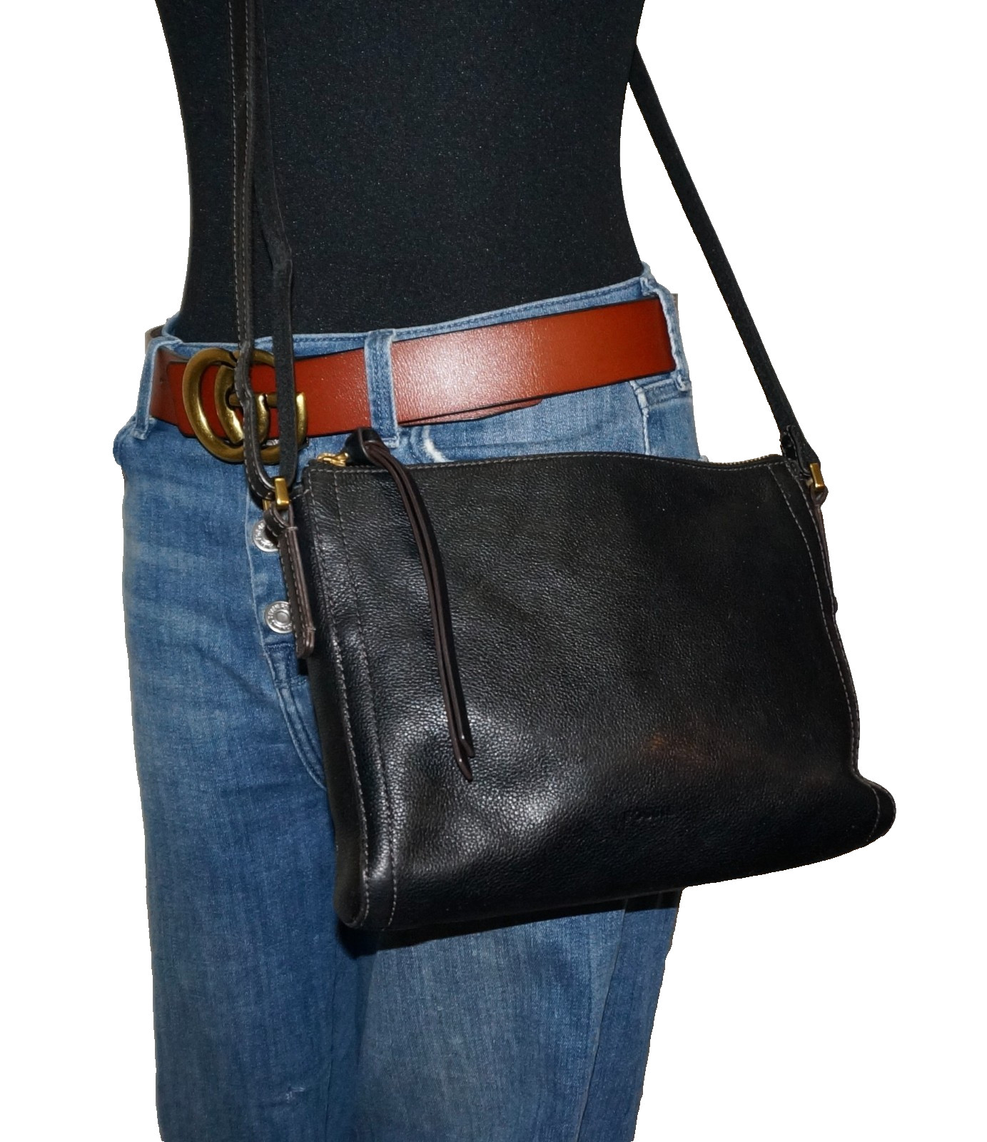 FOSSIL Small Black Leather #SHB2057 Slim Crossbody Shoulder Bag 7×9
