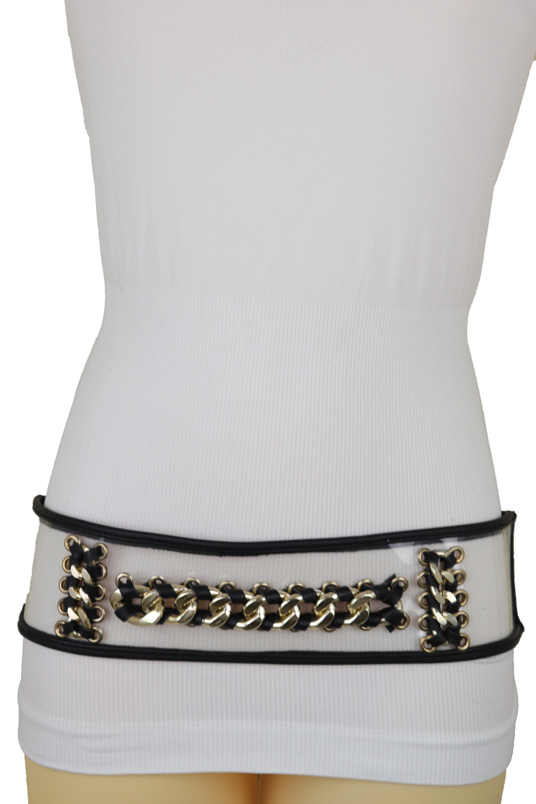 Women Black Elastic Wide Waistband Miami Beach Sexy Belt Gold Metal Chain XS S