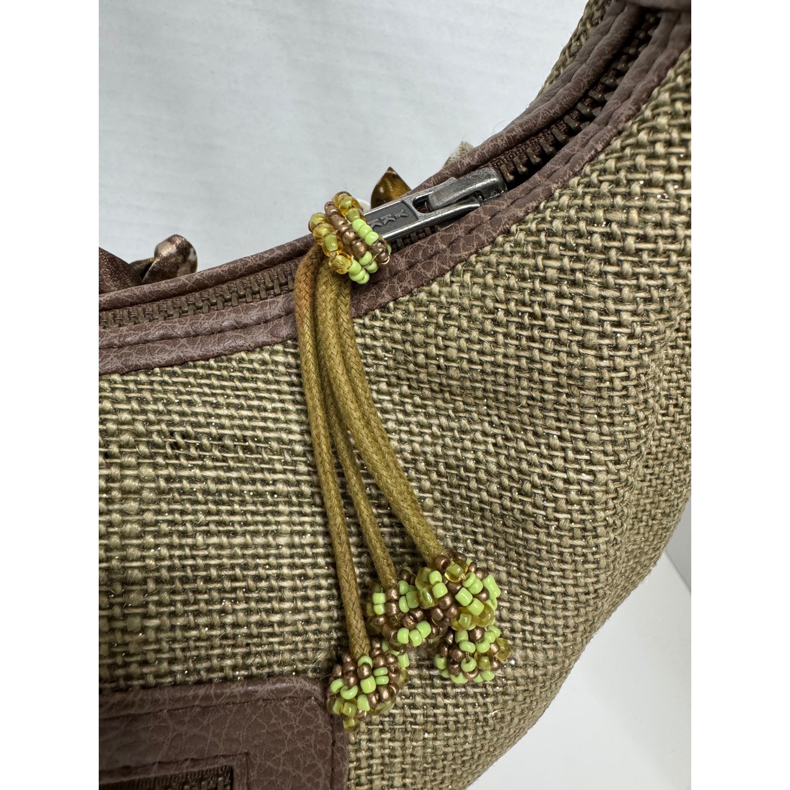 Mary Frances Olive Green Burlap Floral Embellished Beaded Hobo Bag Brown Braided