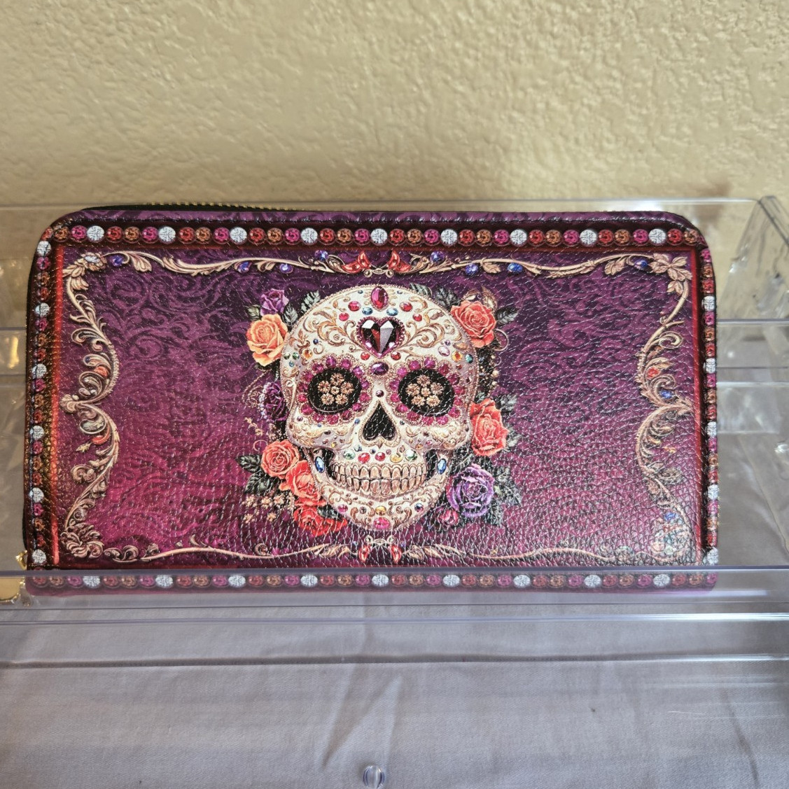 Womens Skullette Purple Pink Skull Flowers Floral Zip-Around Wristlet Wallet