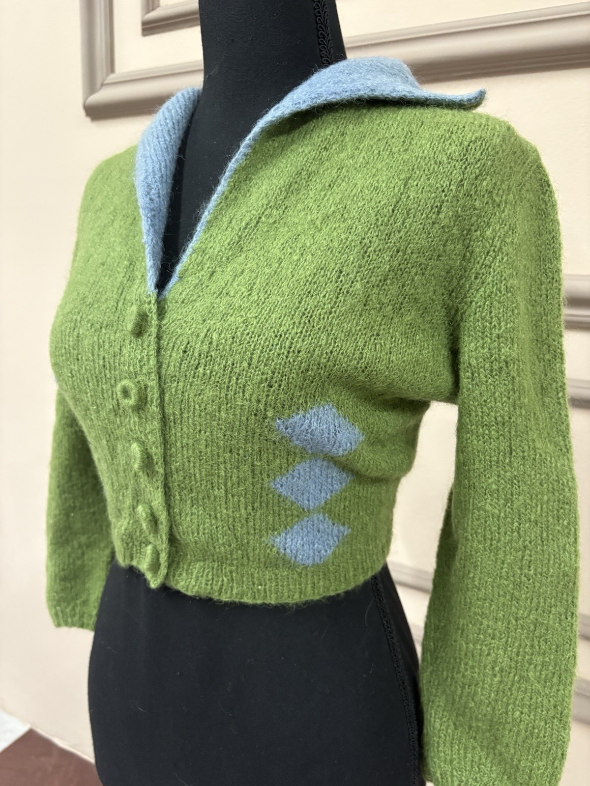 Vintage 50s 60s Bonnie Morse Wool Knit Argyle Cropped Collared Cardigan XS