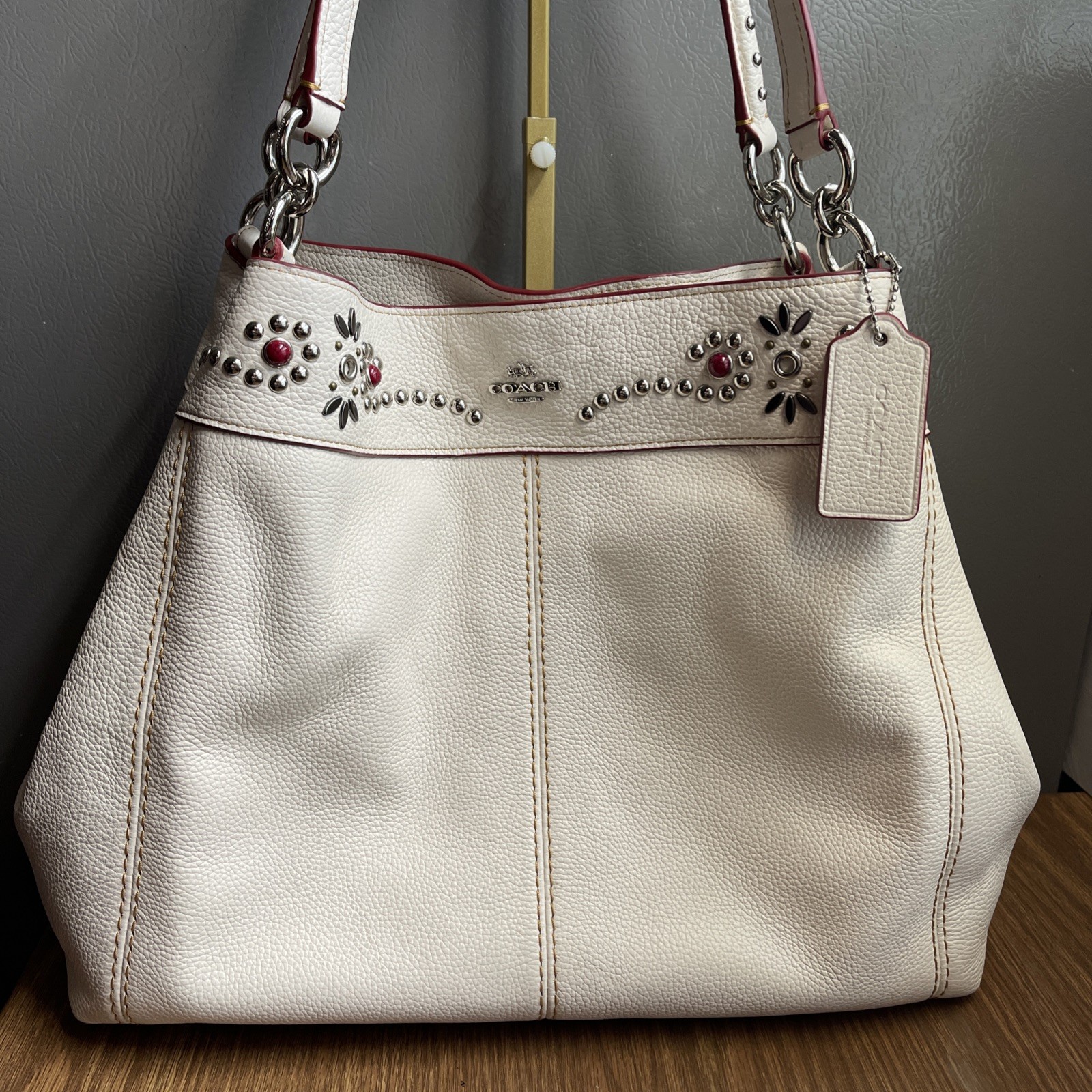 Coach Lexy Chalk White Rivet Detail Triple Compartment Shoulder Bag