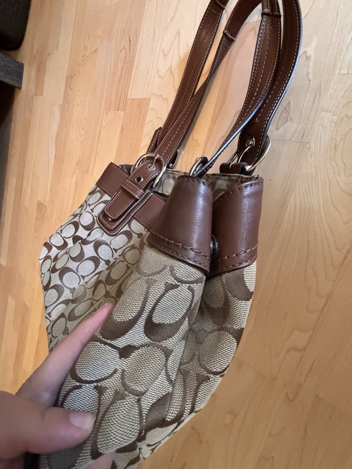 Coach Soho Signature C Monogram Shoulder Bag Brown Leather Trim Pleated