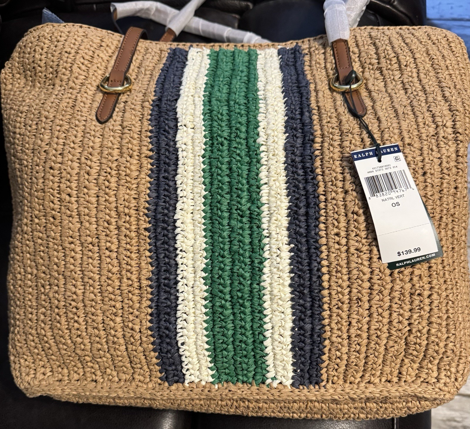 Lauren Ralph Lauren Large Striped Tote Tan/Green/White/Navy Brown Strap Lined