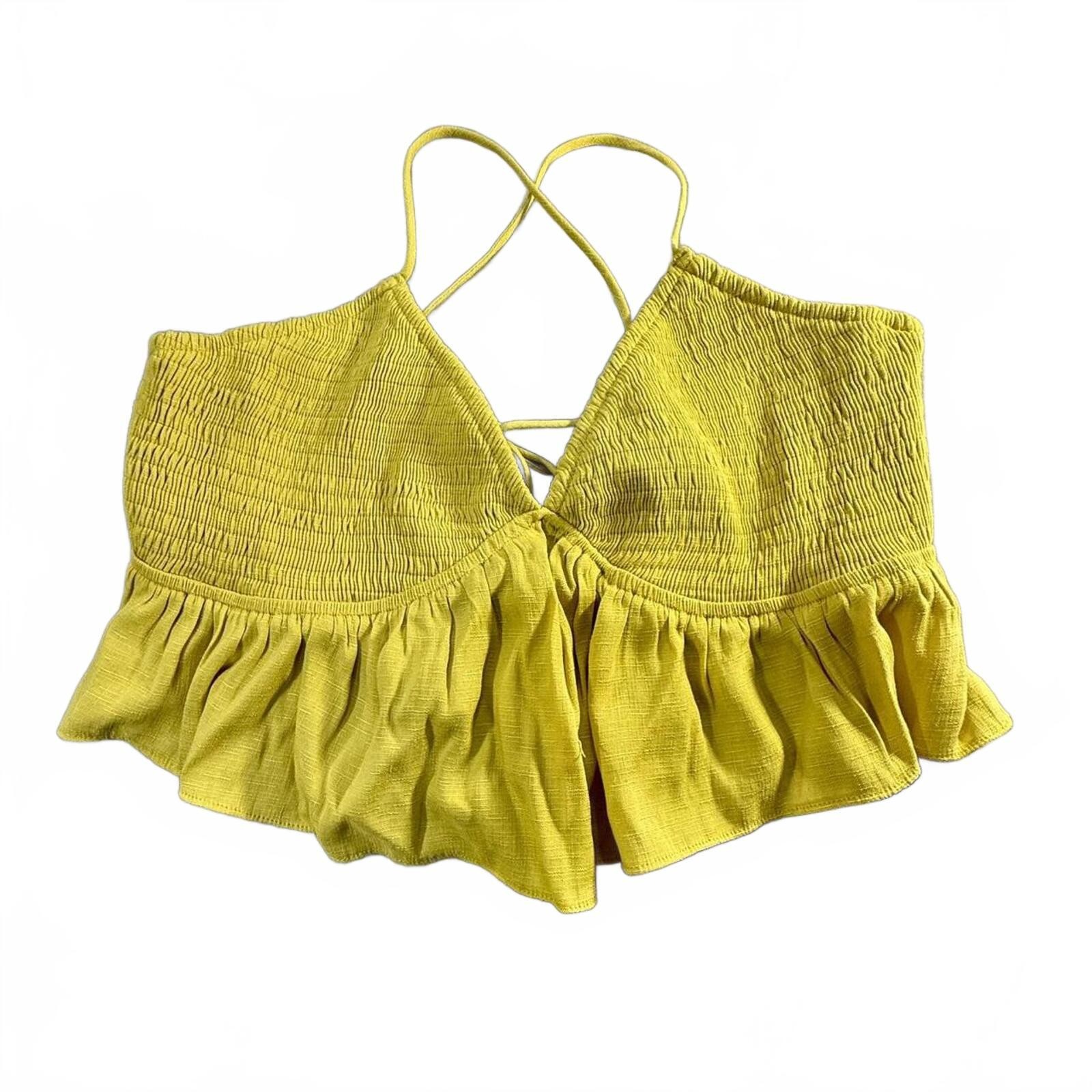 Mustard Yellow Smocked Babydoll Crop Top Boho Peplum Tank