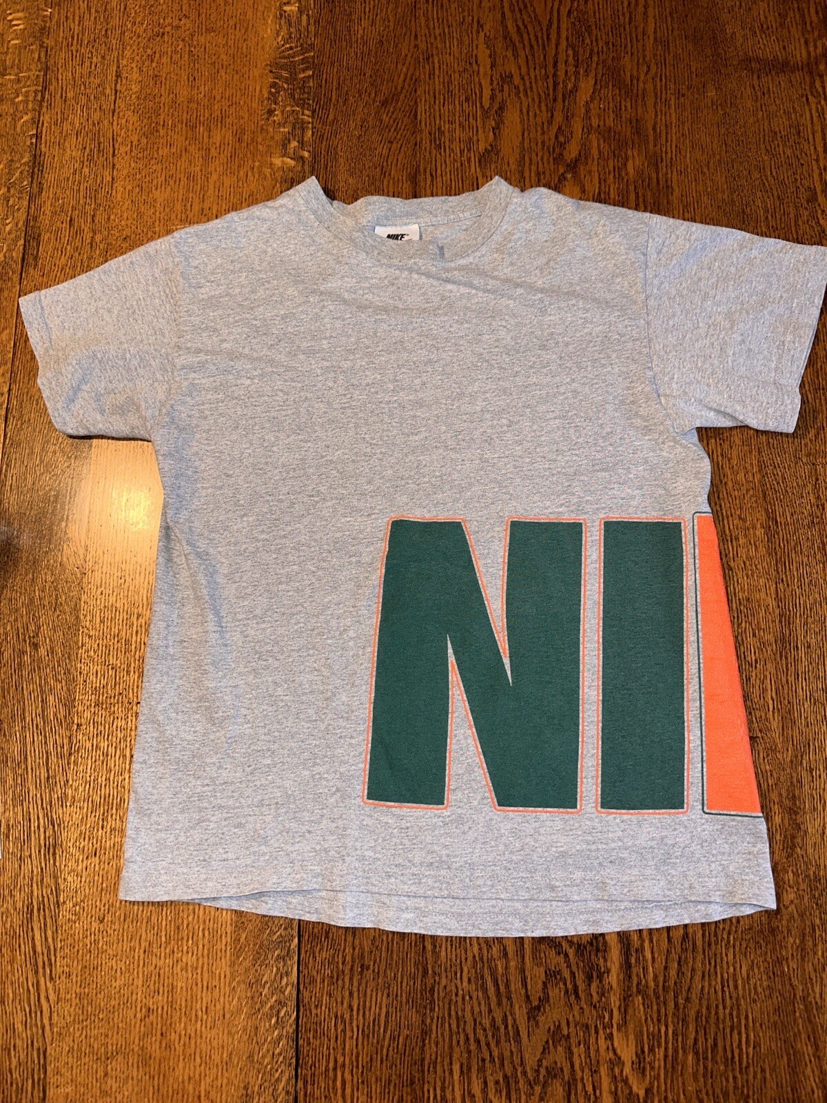 Vtg 90s Nike Spell Out Big Wrap Graphic T Shirt Made USA Gray Green Orange XL