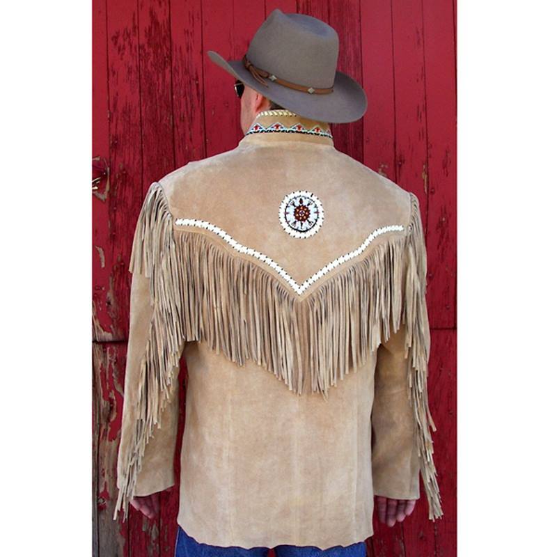 Men Western Native American Cowhide Suede Leather Beaded Fringe Jacket Coat NL96