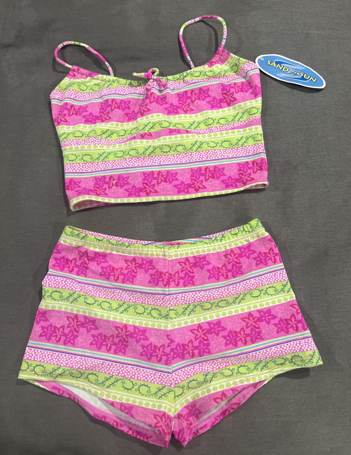 Sand N Sun Floral Pink Green Vintage Bikini Set Tankini Boy Shorts Med Y2K BNWT