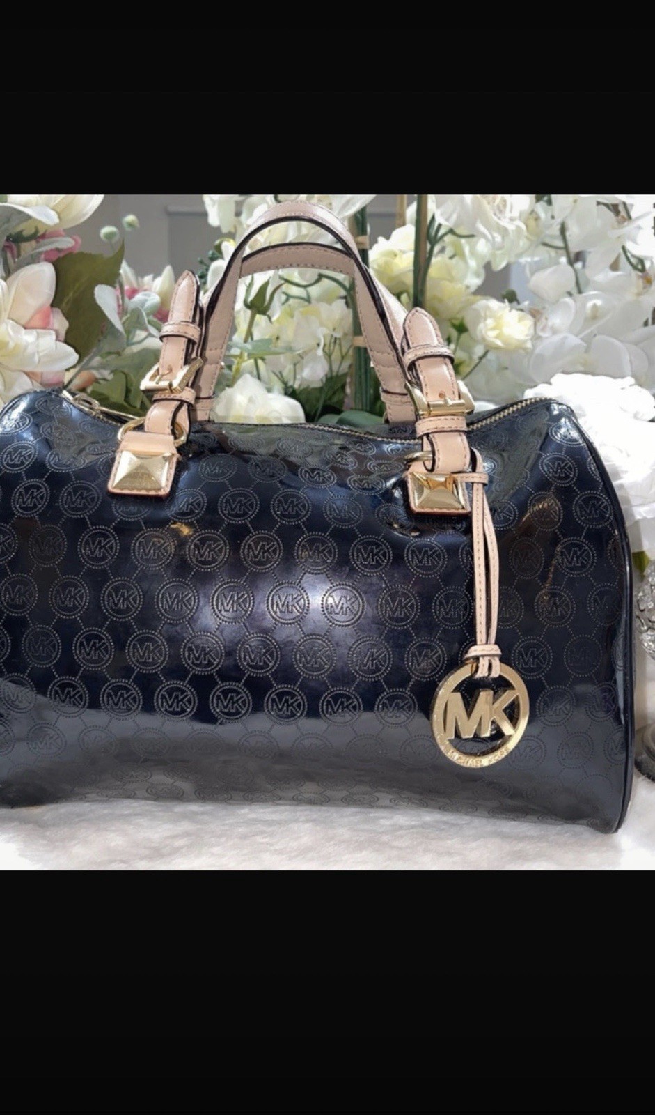 Michael Kors Black Beige Logo Satchel Zip Gold Hardware Charm Bottom Studs