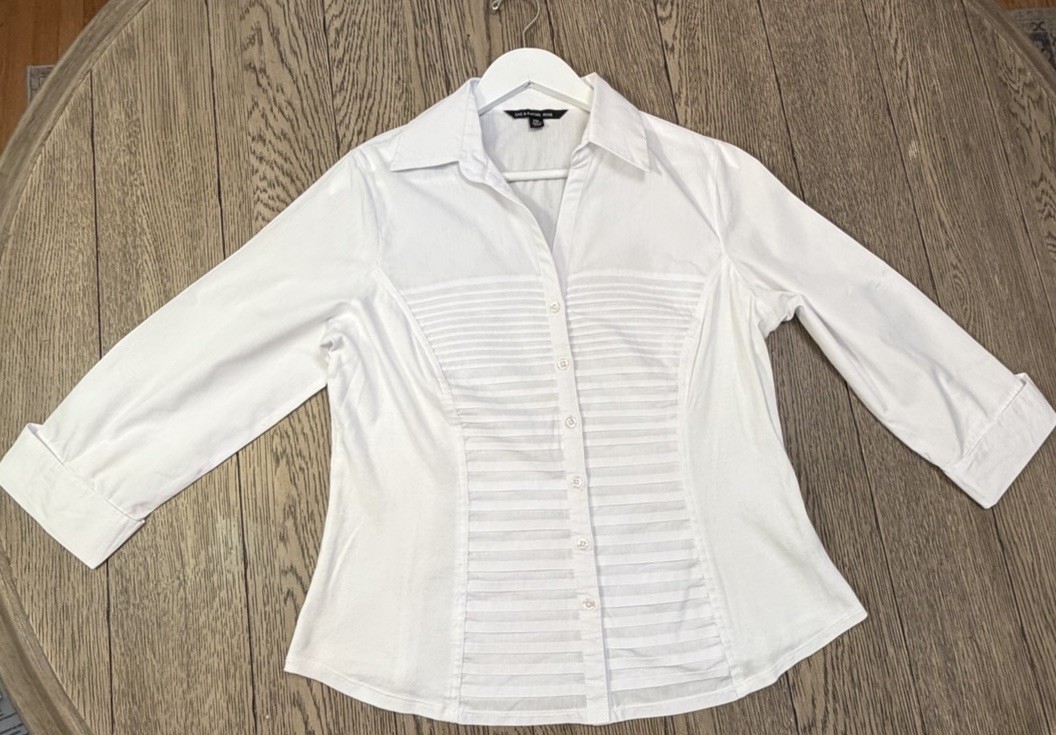 Zac & Rachel Women’s 3/4 Cuff Sleeve Button Down Blouse White Tuxedo Shirt PXL