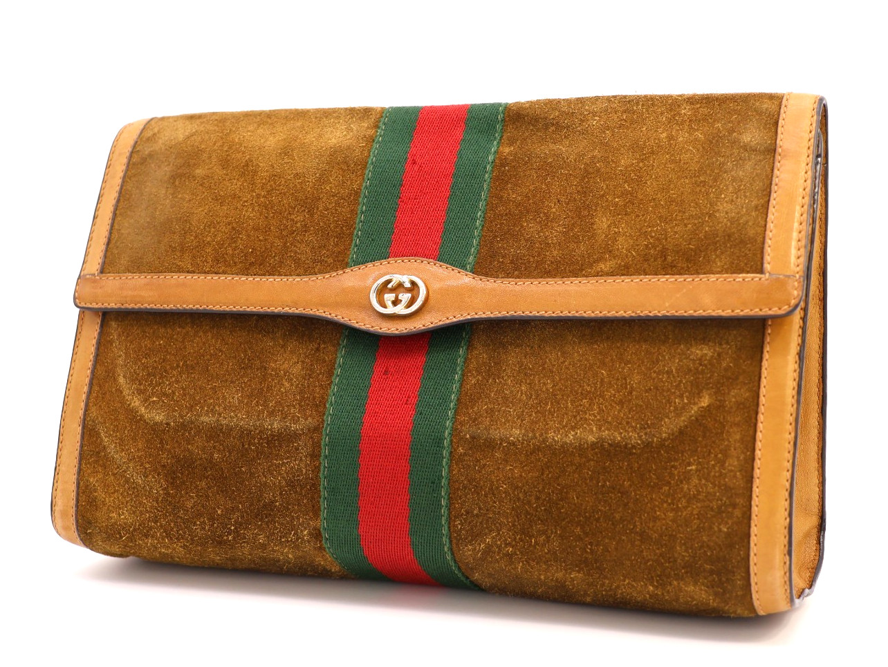 GUCCI VINTAGE Web Stripe Clutch Suede Leather Camel Large Rare Authentic