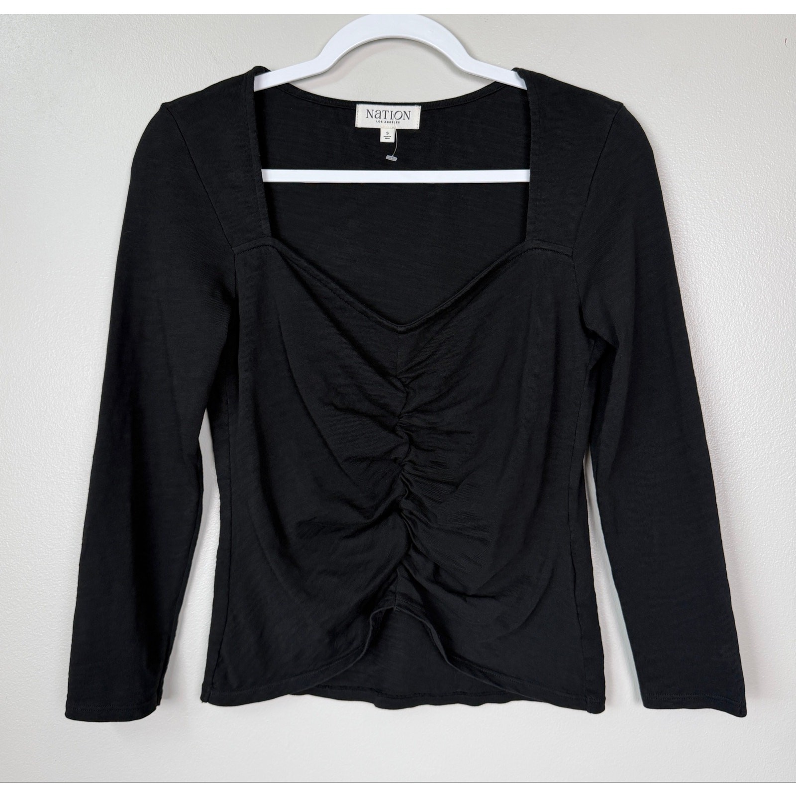 Nation Mikaela Top Jet Black Small Ruched Cotton Casual Closet Staple NEW