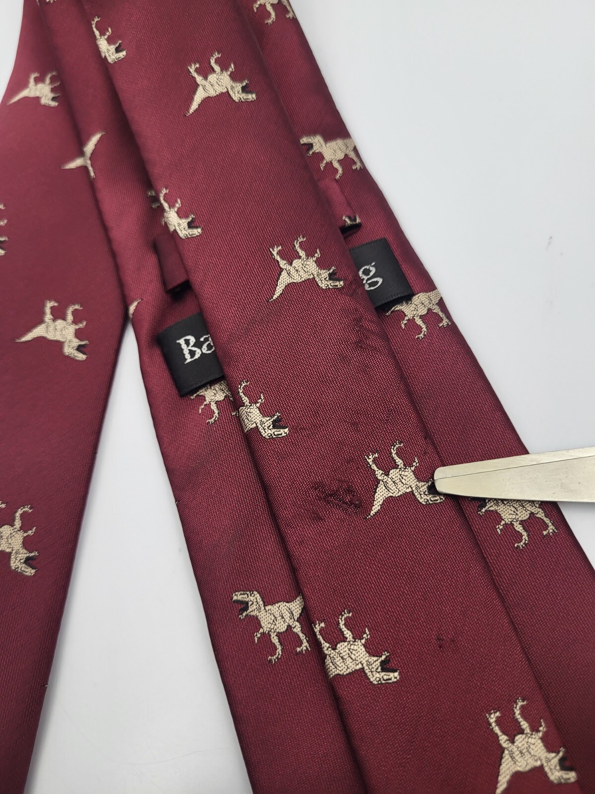 Barry Wang Silk Tie Red Gold Geometric Dinosaurs Men Necktie Italy 60 x 3.25