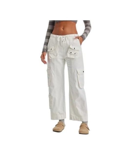 Womens XS Cargo Pants Drawstring Pockets Straight Leg Casual Pants White NWT