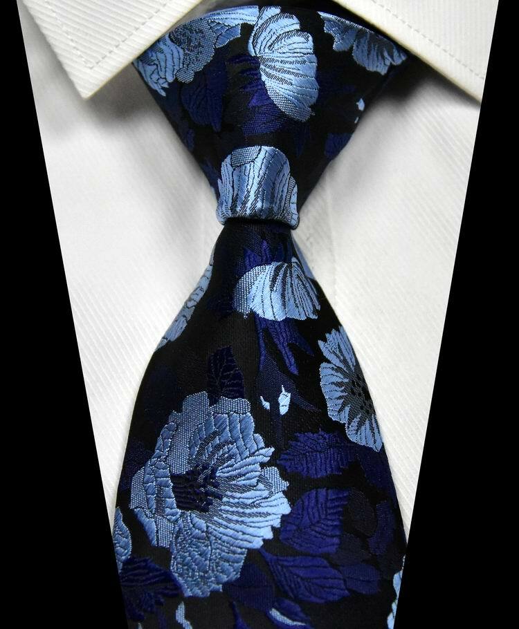 Classic Floral Dark Blue Light Blue 100% Silk Men’s Necktie Neck Tie 3.15”(8CM)