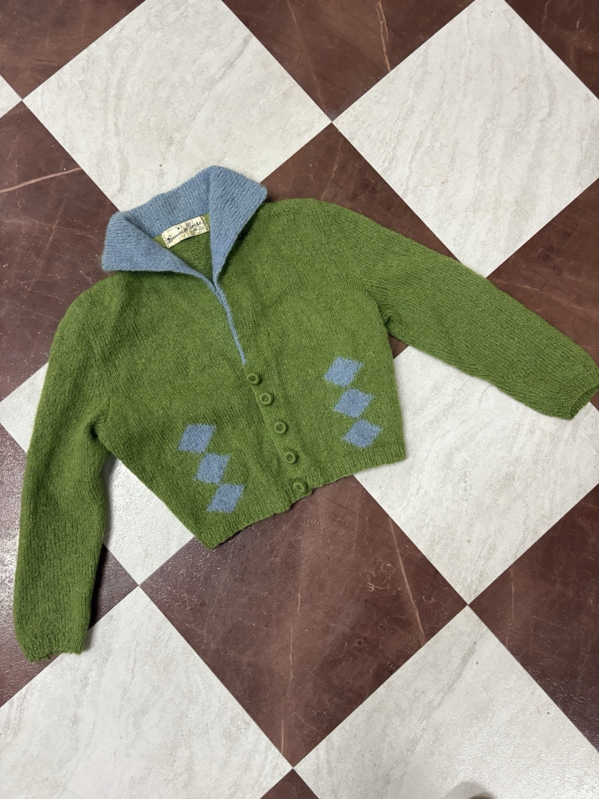 Vintage 50s 60s Bonnie Morse Wool Knit Argyle Cropped Collared Cardigan XS