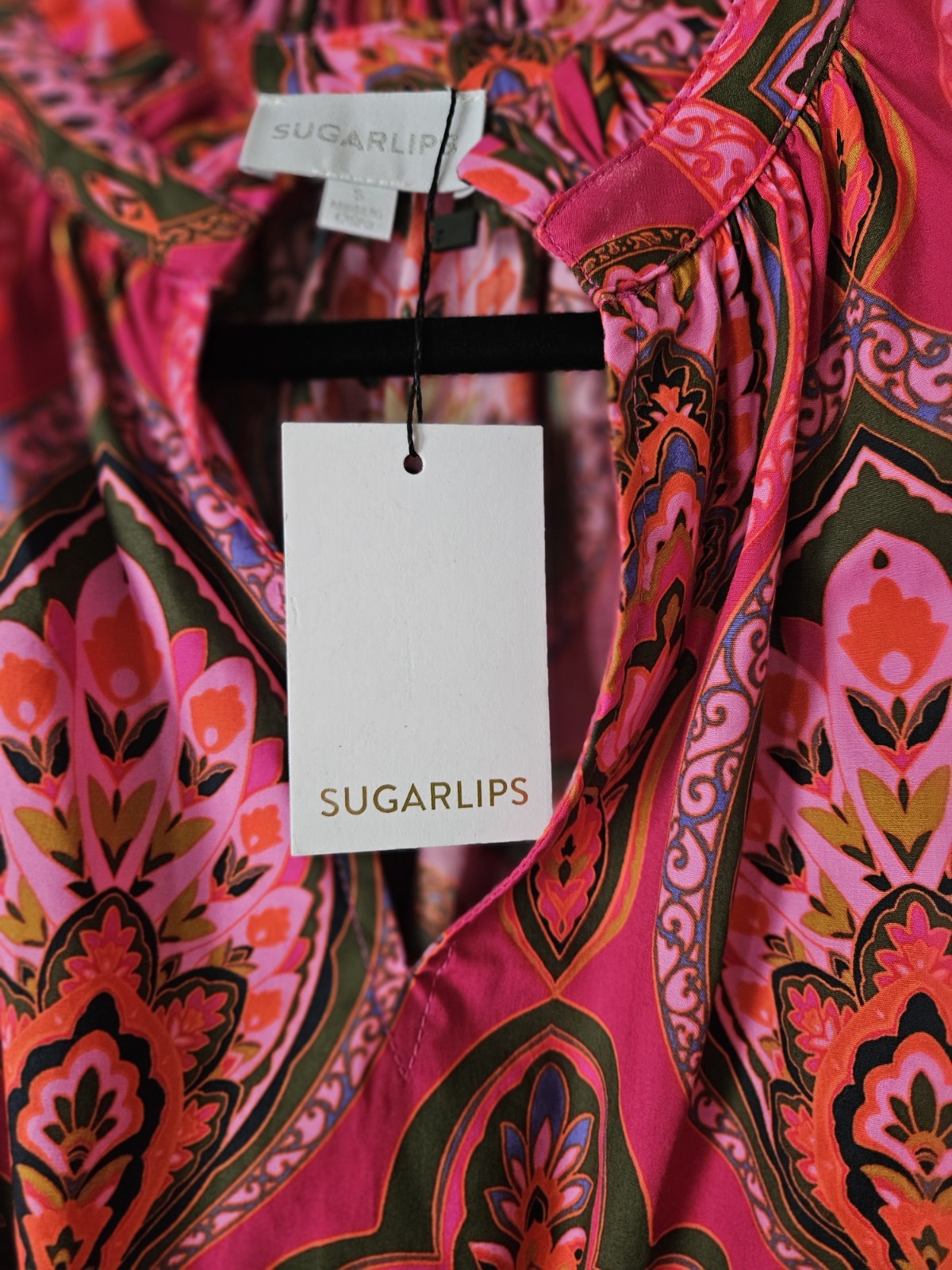 SUGARLIPS Pink Multicolor Paisley V-Neck Puff Sleeve Mini Dress w/POCKETS. Med