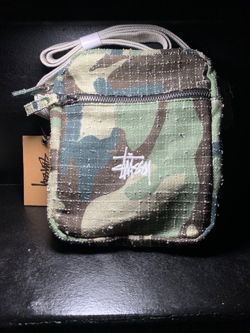 stussy green camo needlepoint shoulder bag