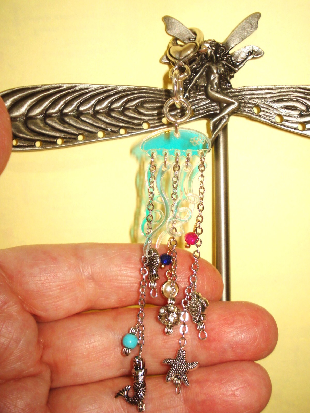 4 3/4″ Drop Plexie Jellyfish Oceanlife Purse Beach Bag Silver Heart Clasp Bling