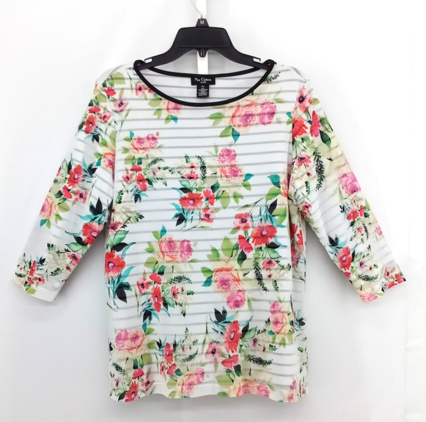 Nue Options Blouse Women Size PL White Floral Sheer Top Lined Shirt 3/4 Sleeve