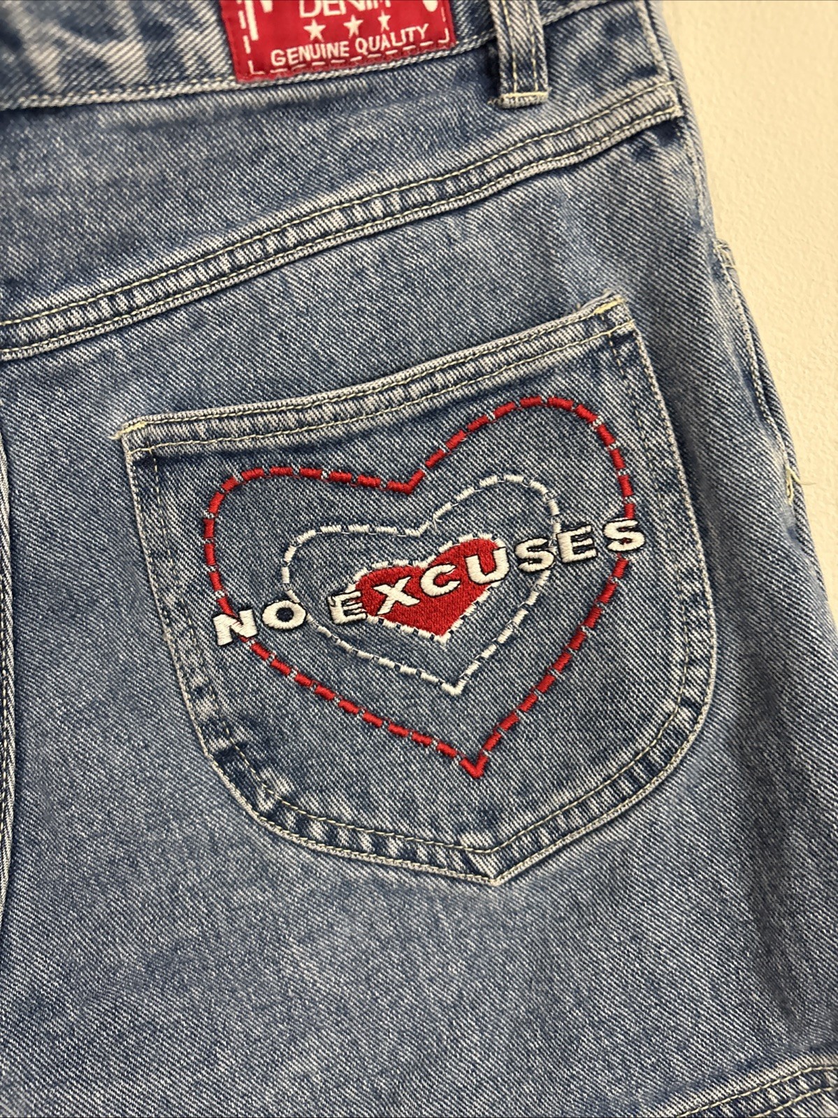 No Excuses High Waisted Denim Jean Shorts Hearts Sz 9/10 Y2K Aesthetic