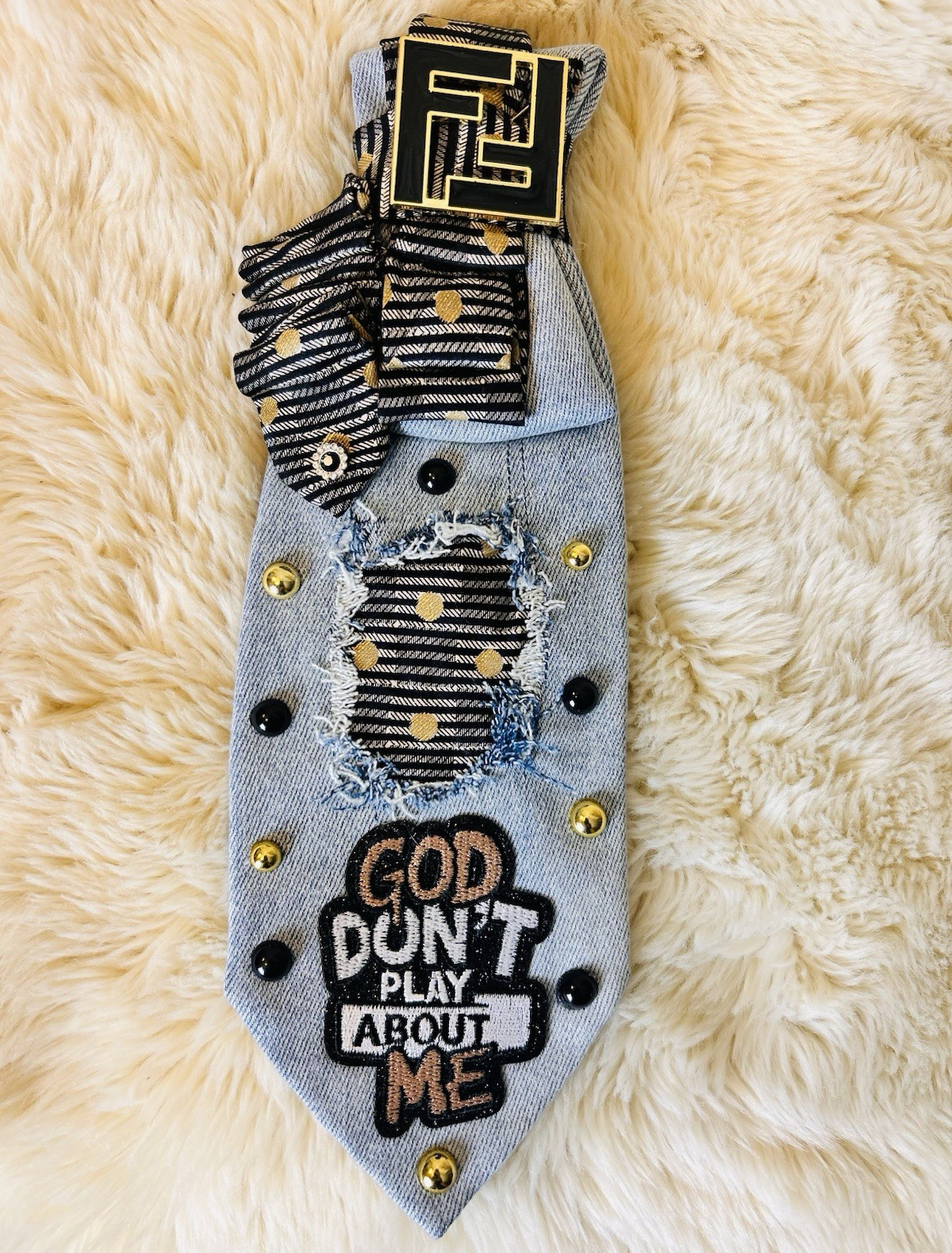Women’s Blue Denim Striped Tie Studded Logo Patch “God Don’t Play About Me”