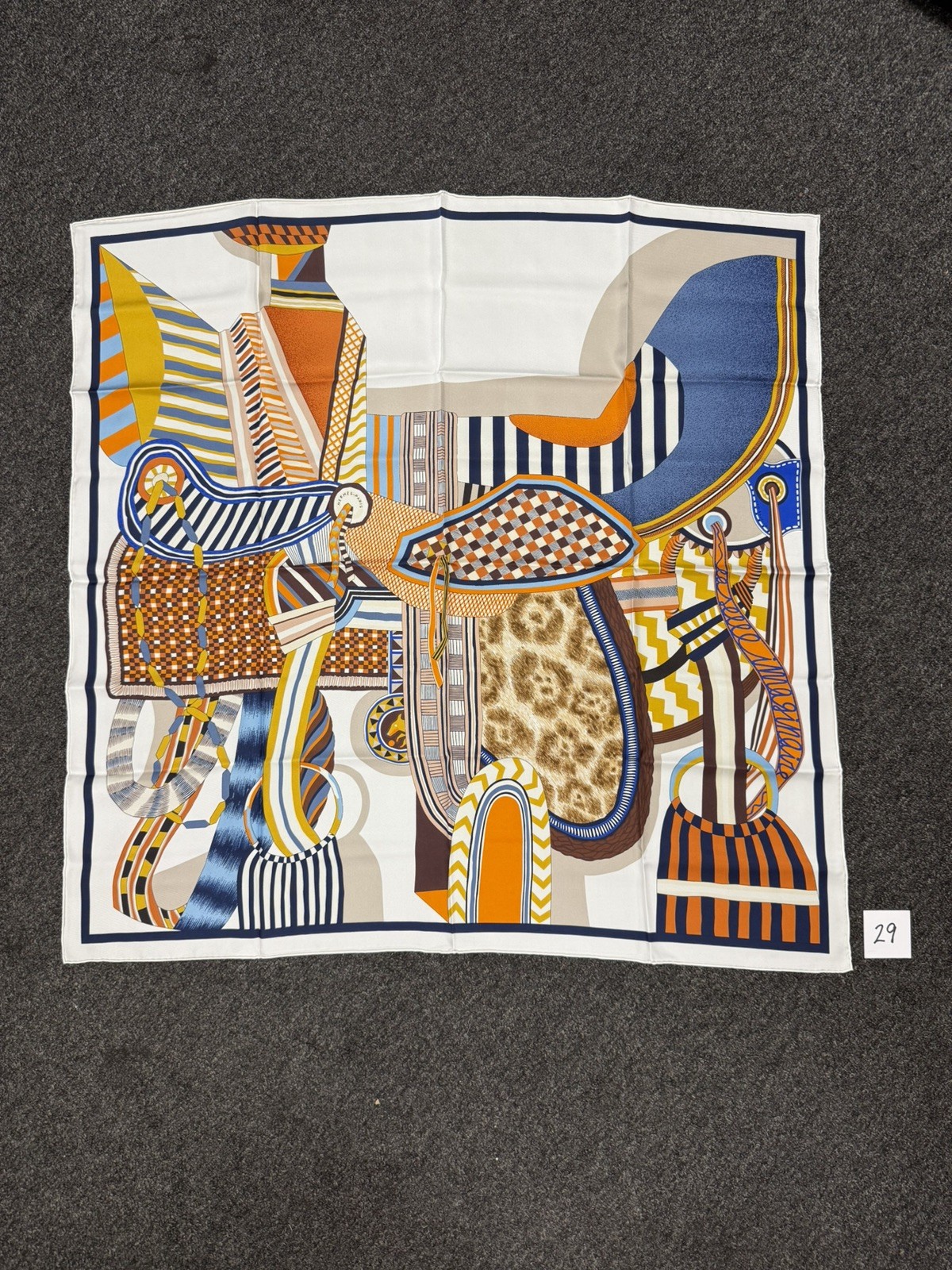 Hermes Scarf Stole La Selle Imaginaire Blue Saddle Horse Silk Auth New Carre 90