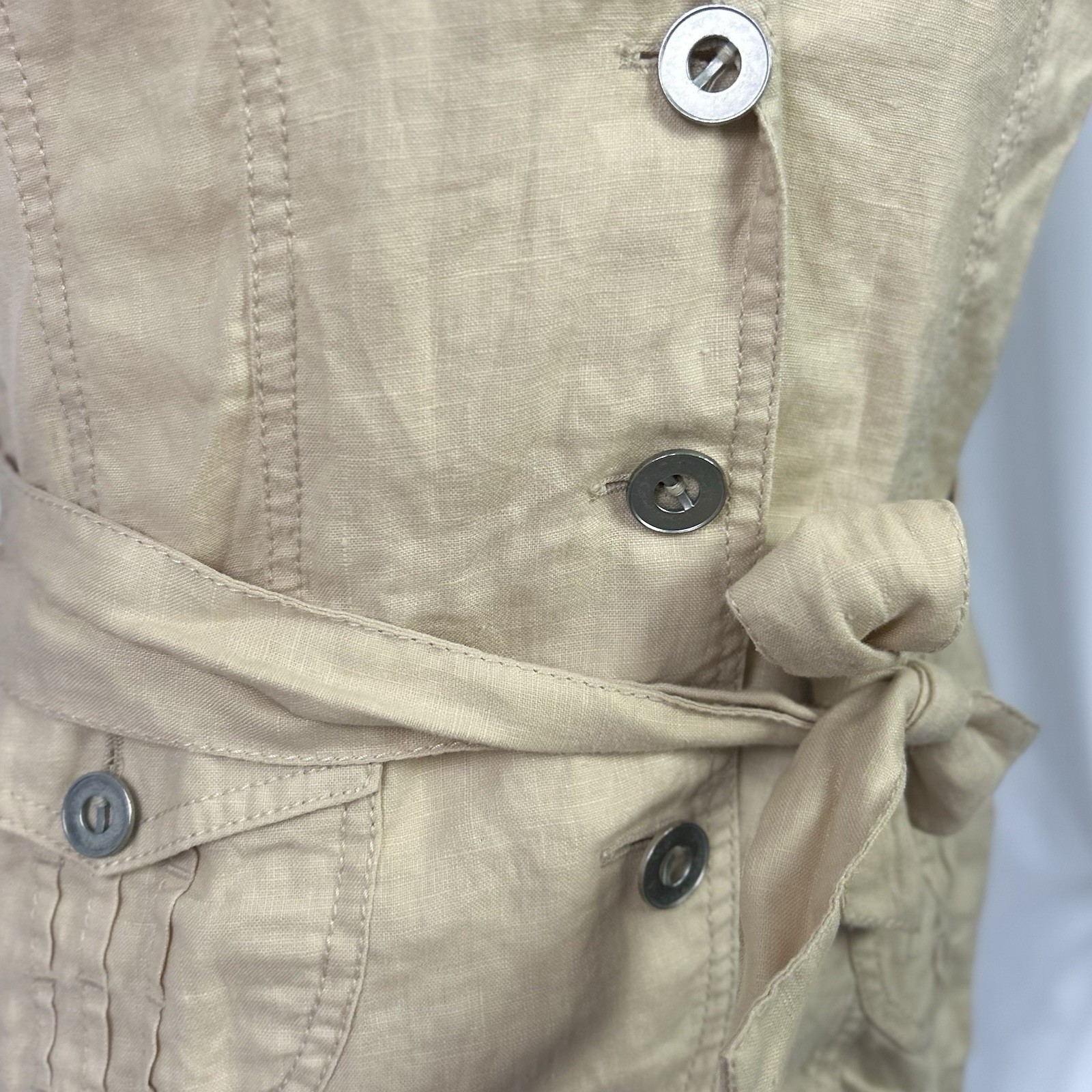 Apanage Vintage Y2K Jacket Top Safari 100% Linen Belted Khaki Short Sleeve US 4
