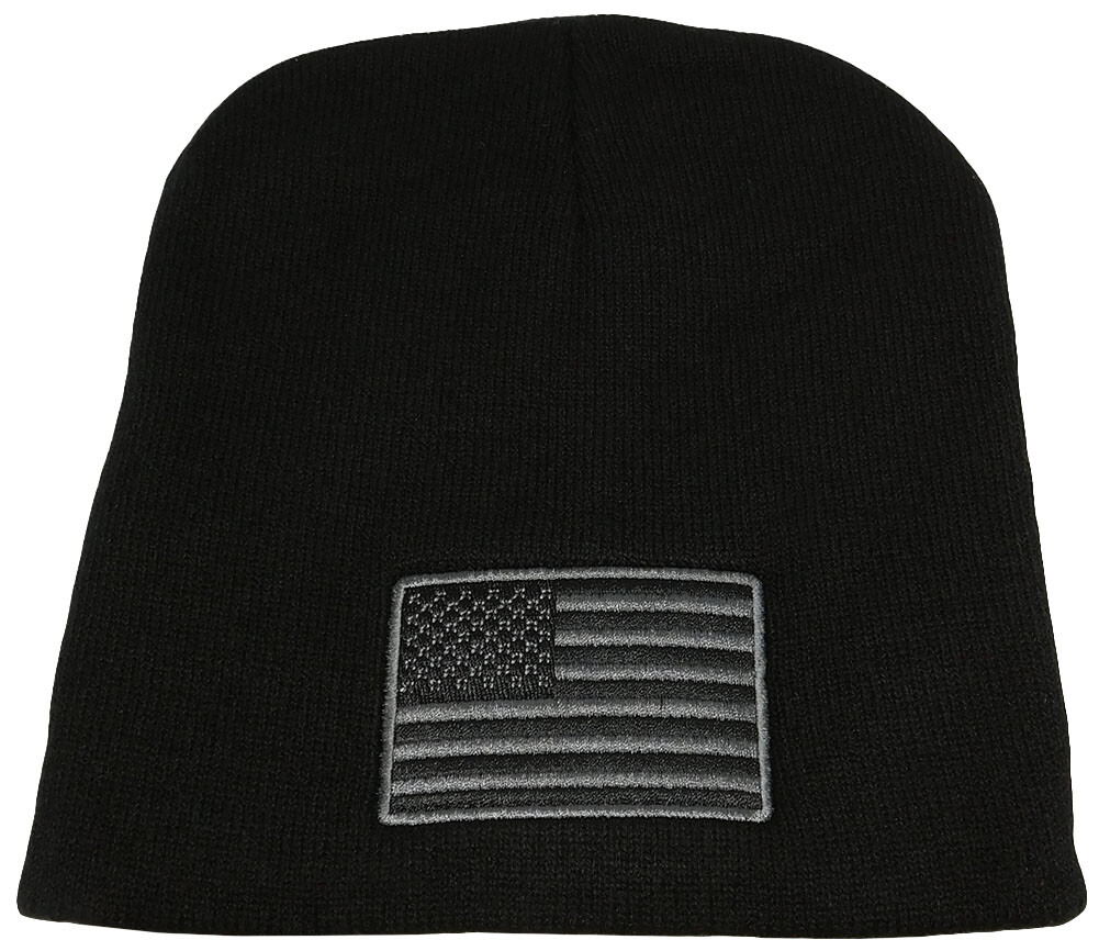 8″ USA SUBDUED Grey Gray & Black Patch Embroidered Black Knit Beanie Skull Cap