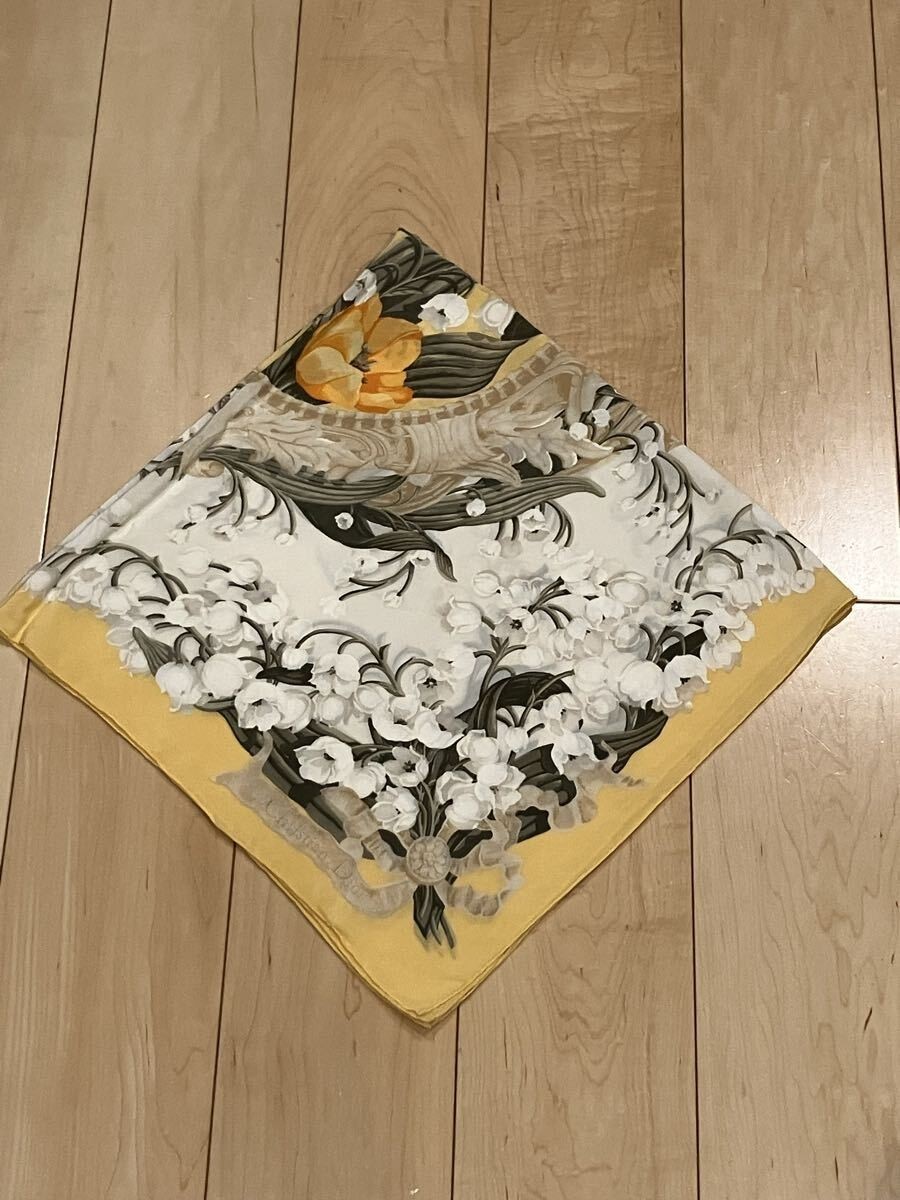 Christian Dior Vintage Lily of the Valley Silk Scarf Yellow 82cm Authentic