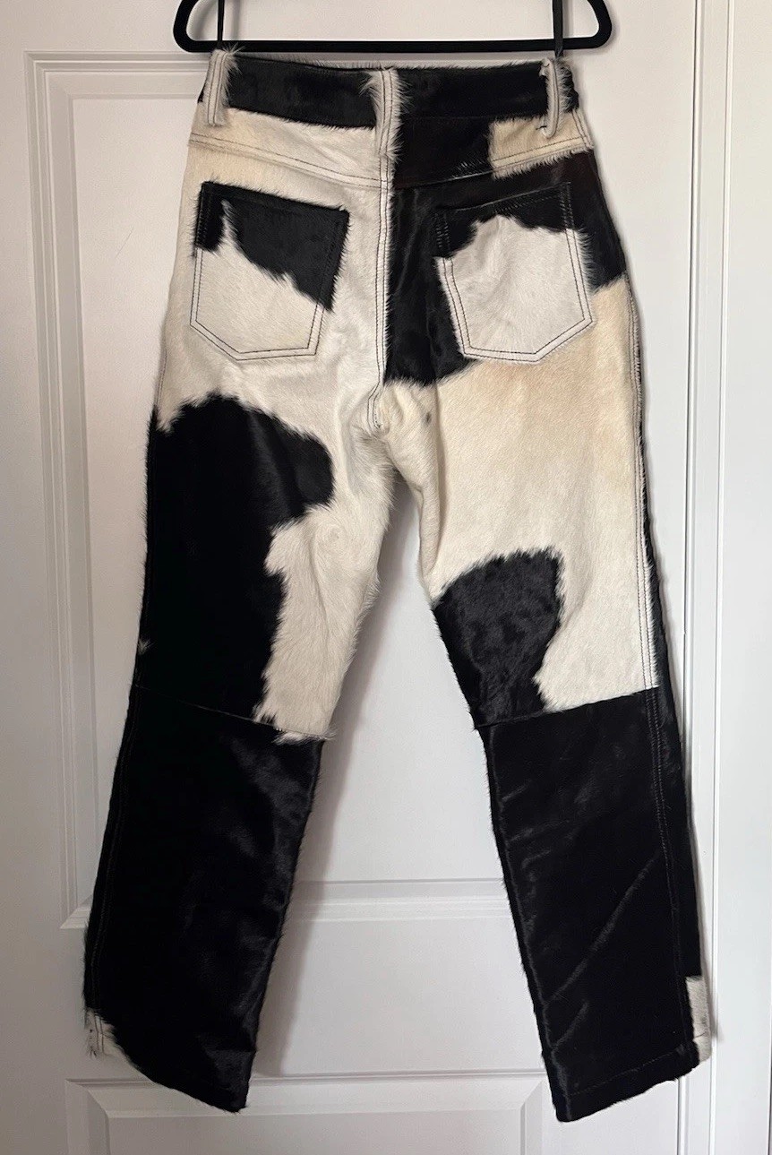 Genuine Western Cowhide Leather Pants Black & White Fur Size 32