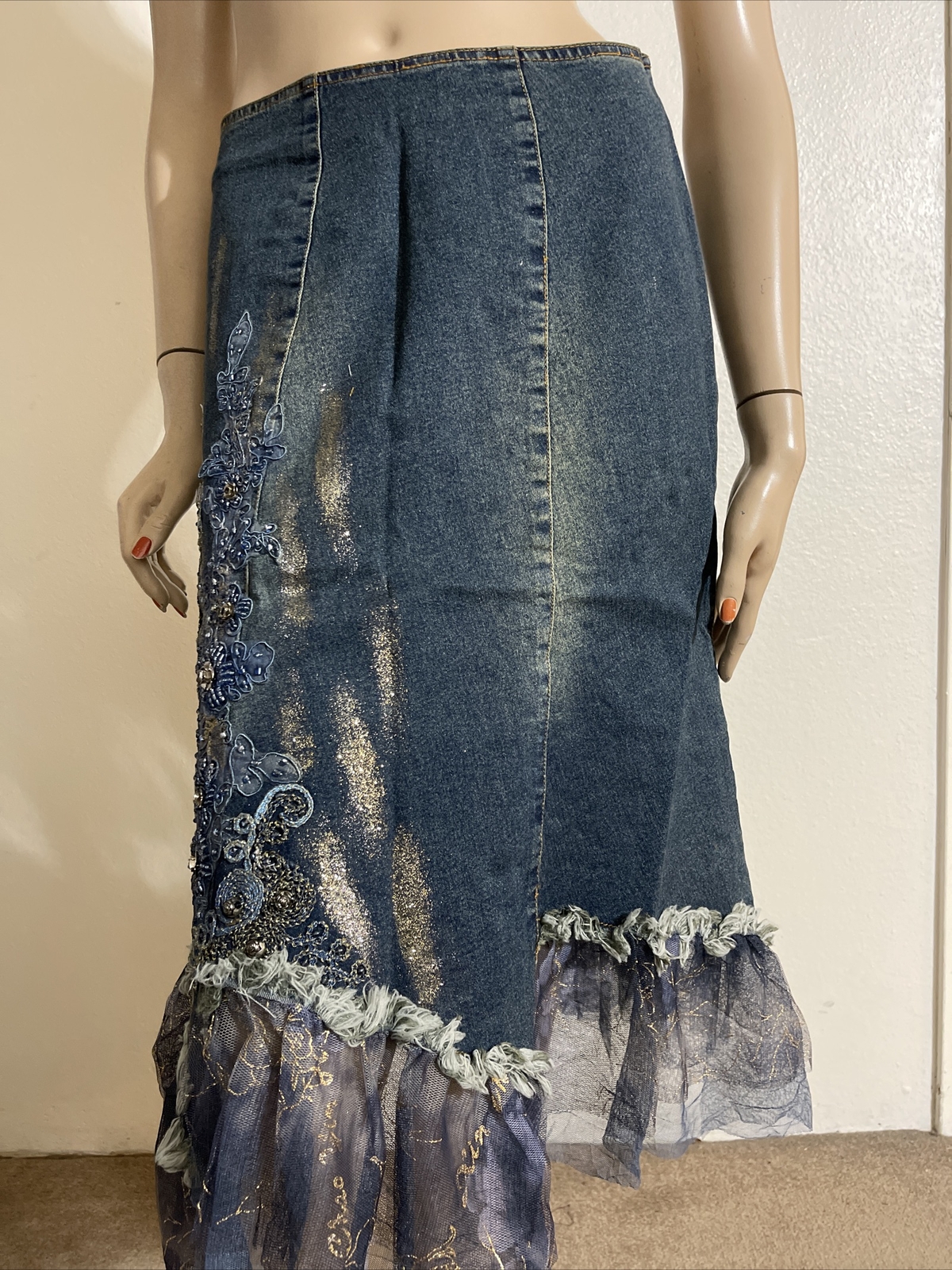 Blue Denim Beaded Embroidery Lace Boho Asymmetric Zip Size XL (10-12) Skirt 9002