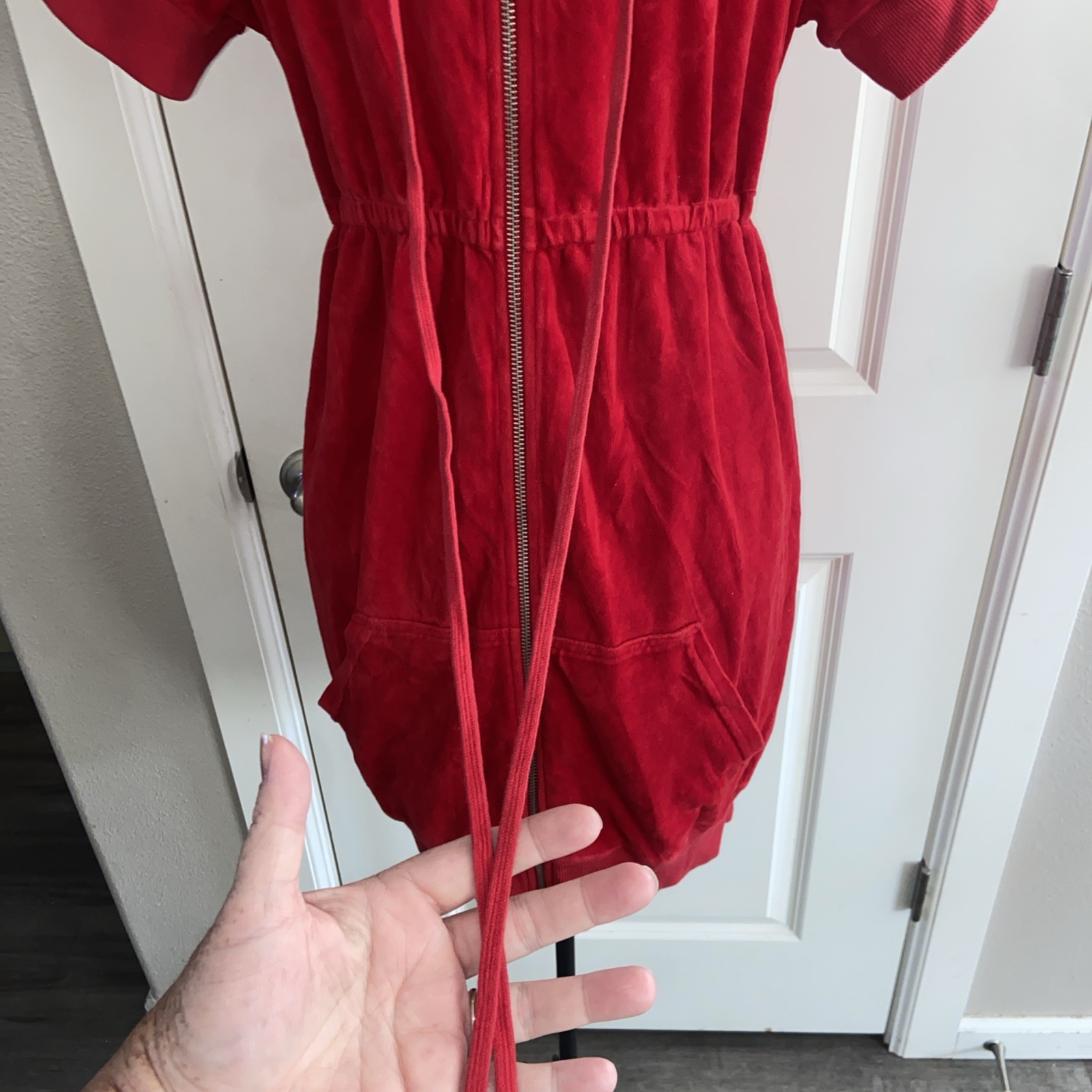 Y2K Juicy Couture Velour Red Hoodie Tunic Tie Bow Waist Long Dress Sz XL RARE