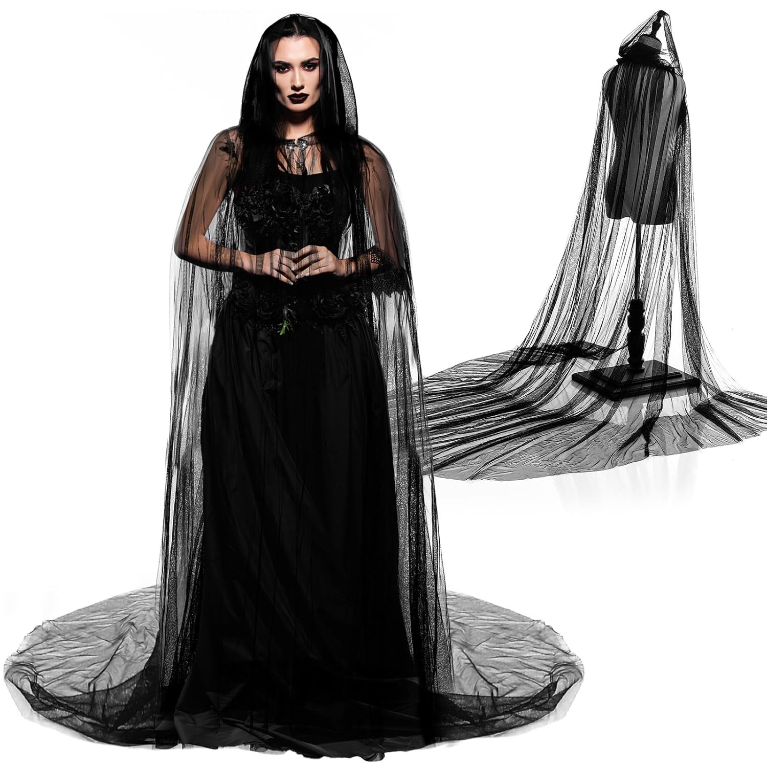 Halloween Lace Cape Hooded Cloak Gothic Witch Full Length Sheer Cape Adult