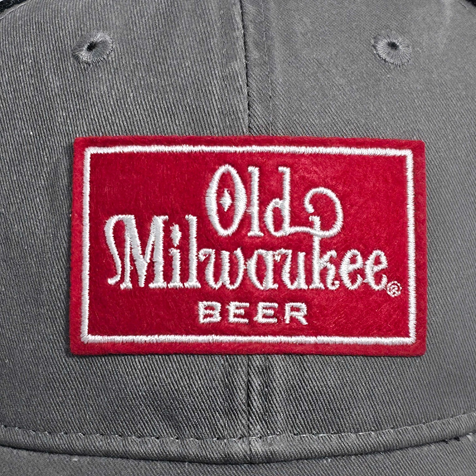 Old Milwaukee Beer Patch Adjustable Meshback Snapback Hat Cap Grey Black Red NWT