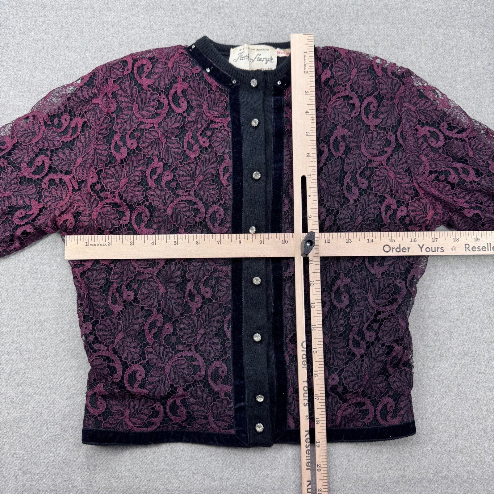 Vintage 50s Lace Overlay Rhinestone Cardigan Sweater Black Purple Orlon Fits XS