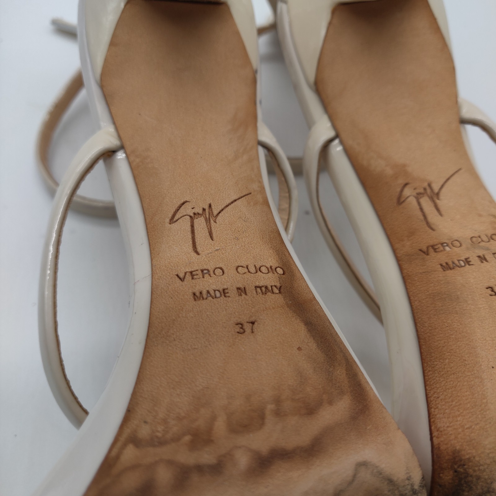 Giuseppe Zanotti Harmony Patent Leather Heels Sandals Beige Size 37 US 7