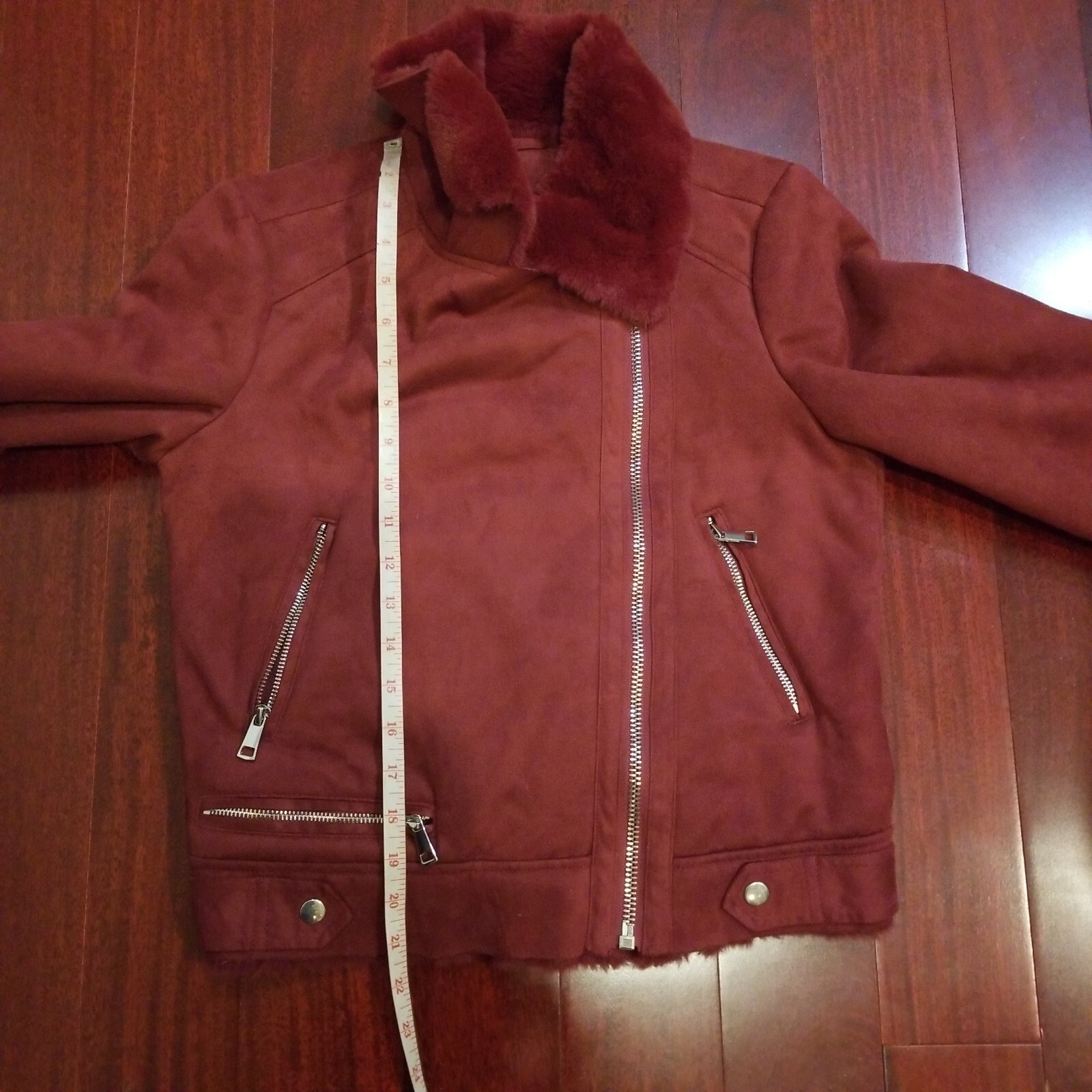 Womens Biker Faux Suede Maroon Red Moto Jacket Furry Lining PLEASE SEE DESCRIPTI