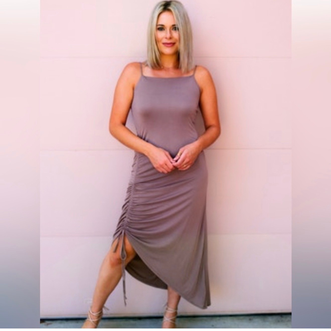 NWT Maverick The Collection Mauve Ruched Asymmetrical Midi Dress Large