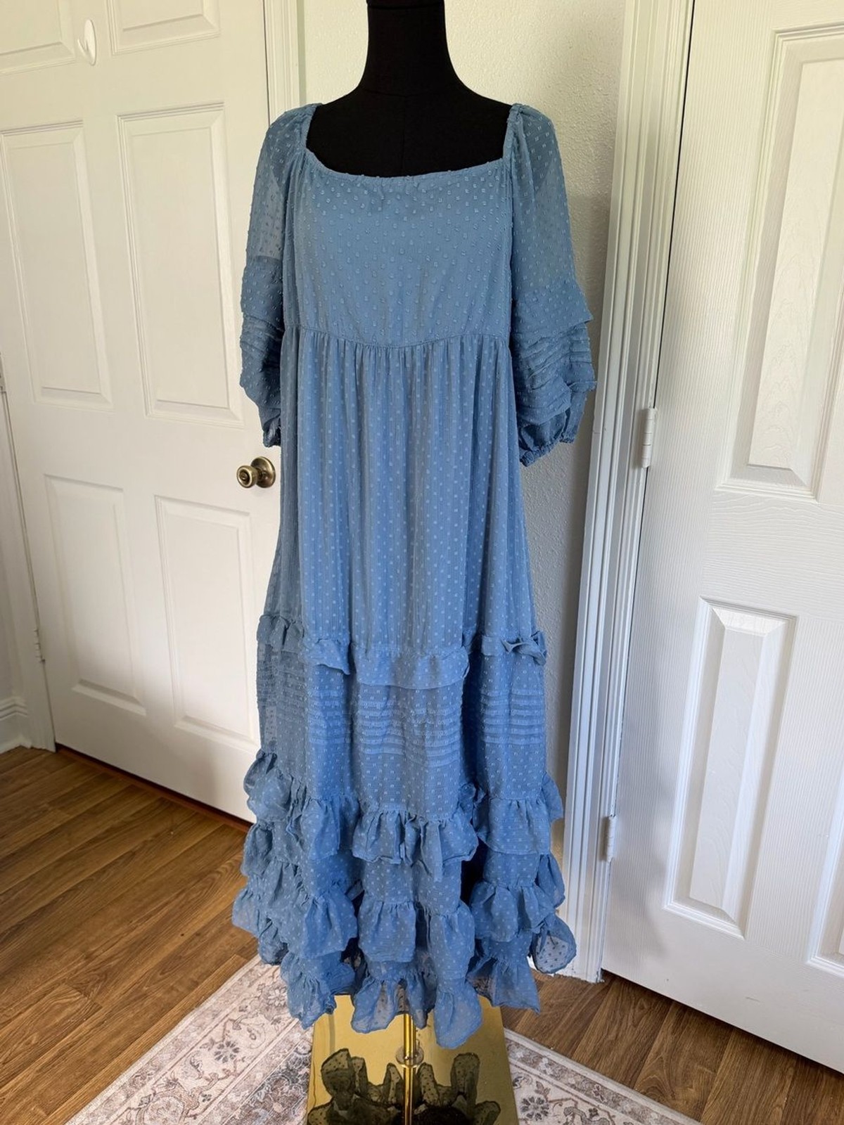 ASOS Design Curve Blue Swiss Dot Ruffle Maxi Dress Size 14 Cottagecore Prairie