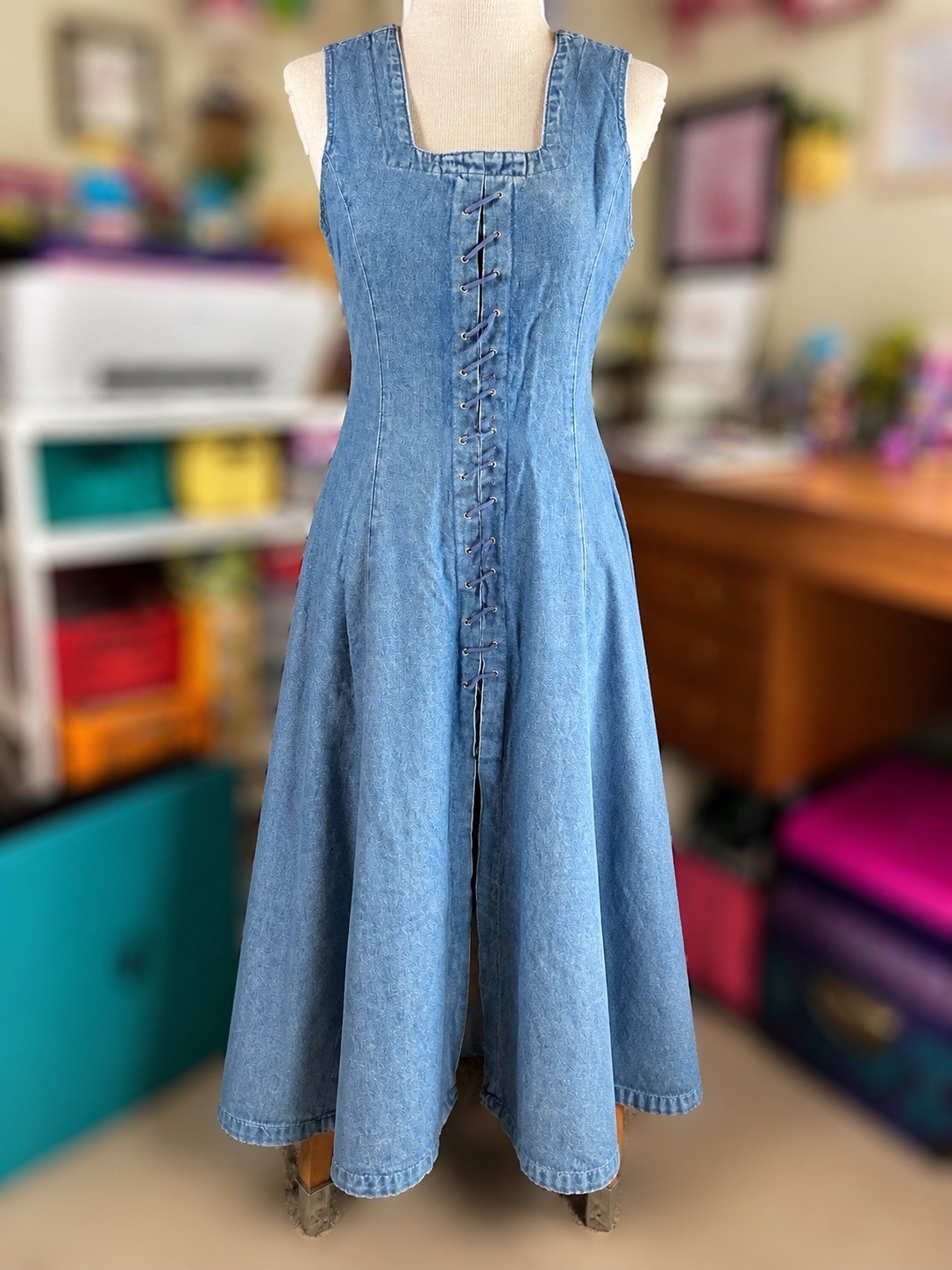 Vtg Denim Dress Western Boho Lace Up Medium Wash Jean Midi Sleeveless Fit Flare